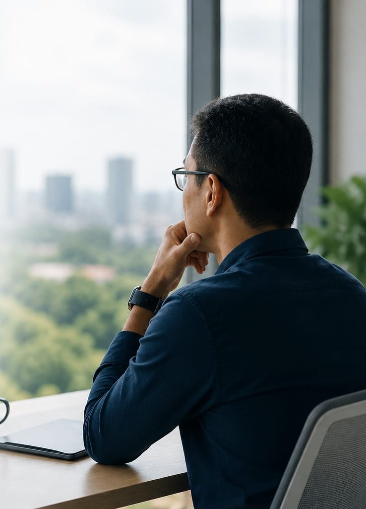 Pessoa observando a cidade, refletindo sobre o ecossistema MapCloud